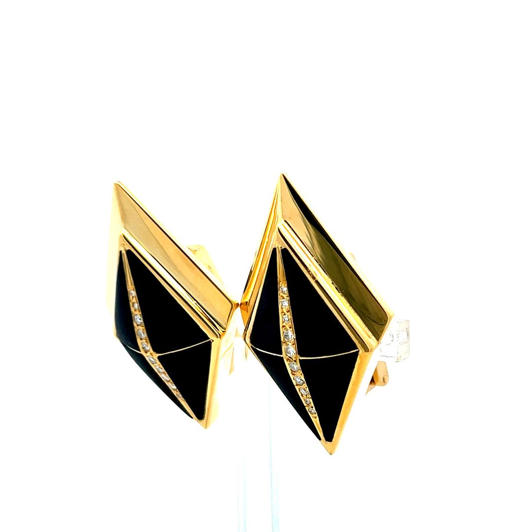 0.20ct Diamond 14K Yellow Gold & Onyx Geometric Art Deco Clip-On Earrings
