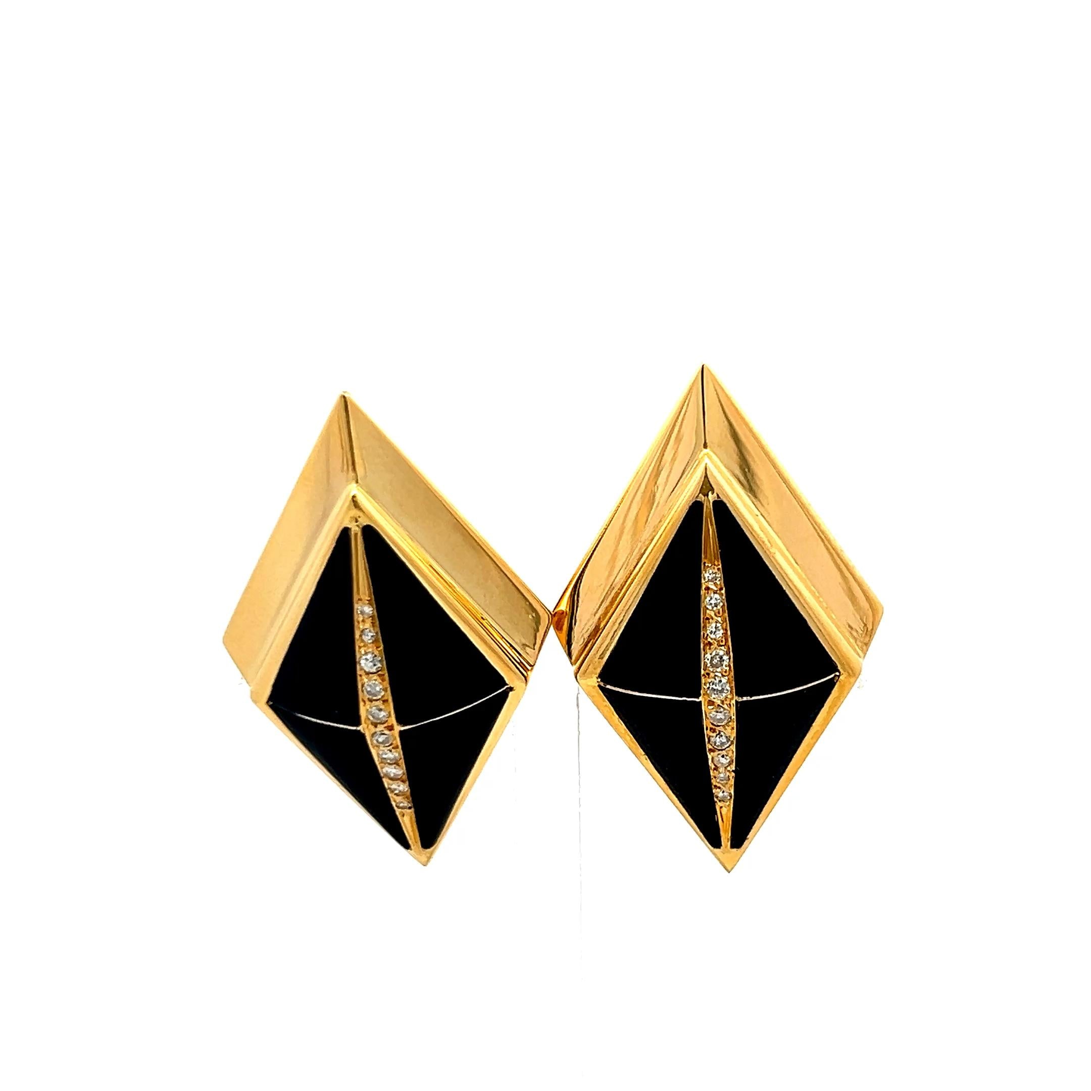 0.20ct Diamond 14K Yellow Gold & Onyx Geometric Art Deco Clip-On Earrings