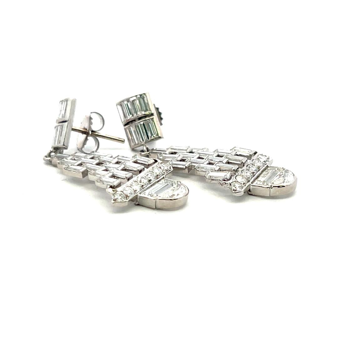 5.32 Carat Baguette and Half Moon and Round Diamond Platinum Dangling Earrings