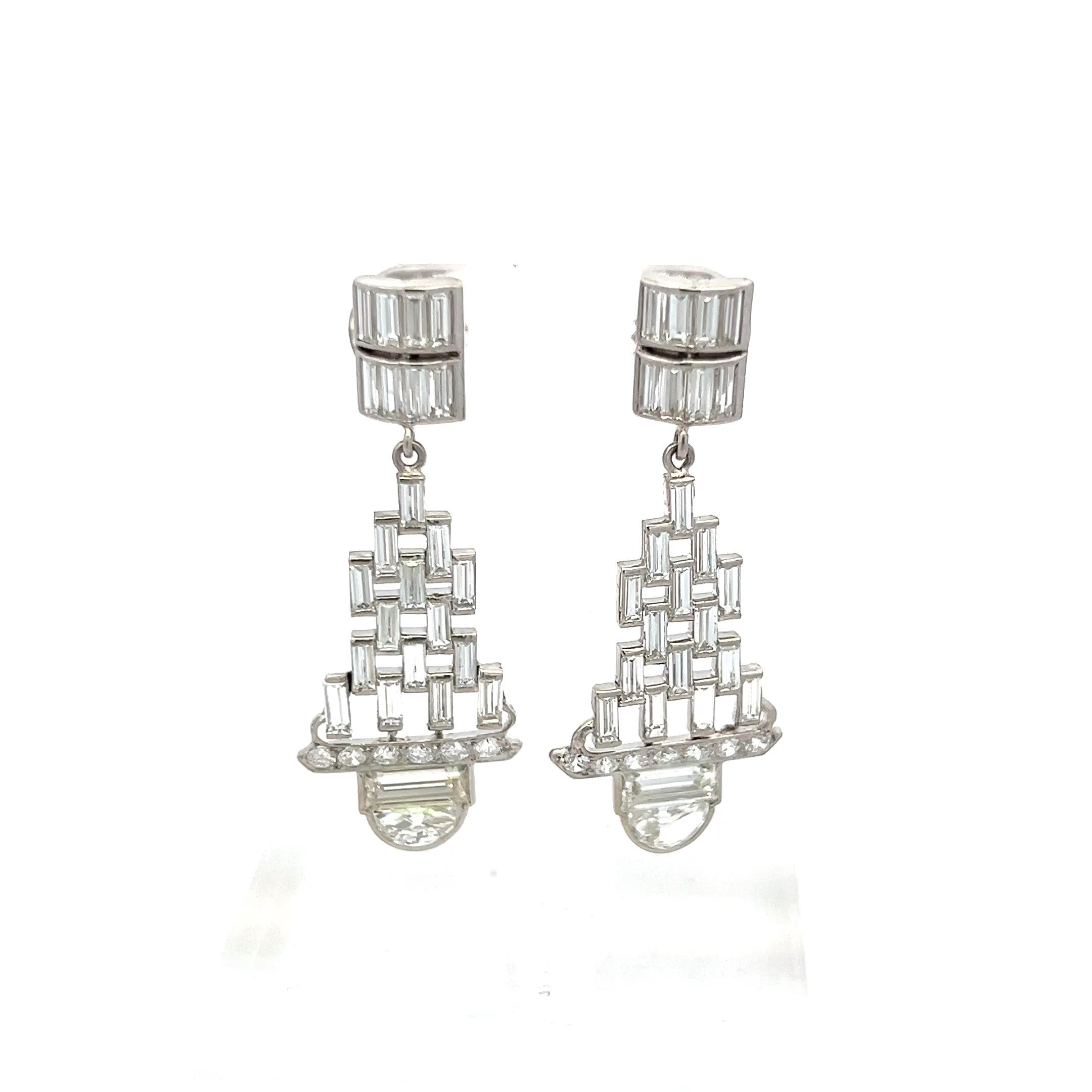 5.32 Carat Baguette and Half Moon and Round Diamond Platinum Dangling Earrings