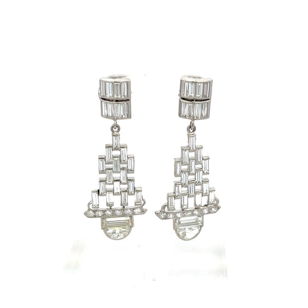 5.32 Carat Baguette and Half Moon and Round Diamond Platinum Dangling Earrings