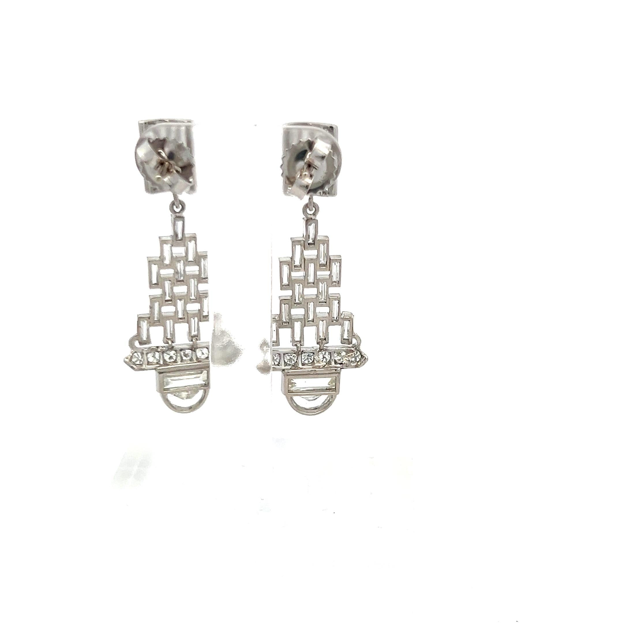 5.32 Carat Baguette and Half Moon and Round Diamond Platinum Dangling Earrings