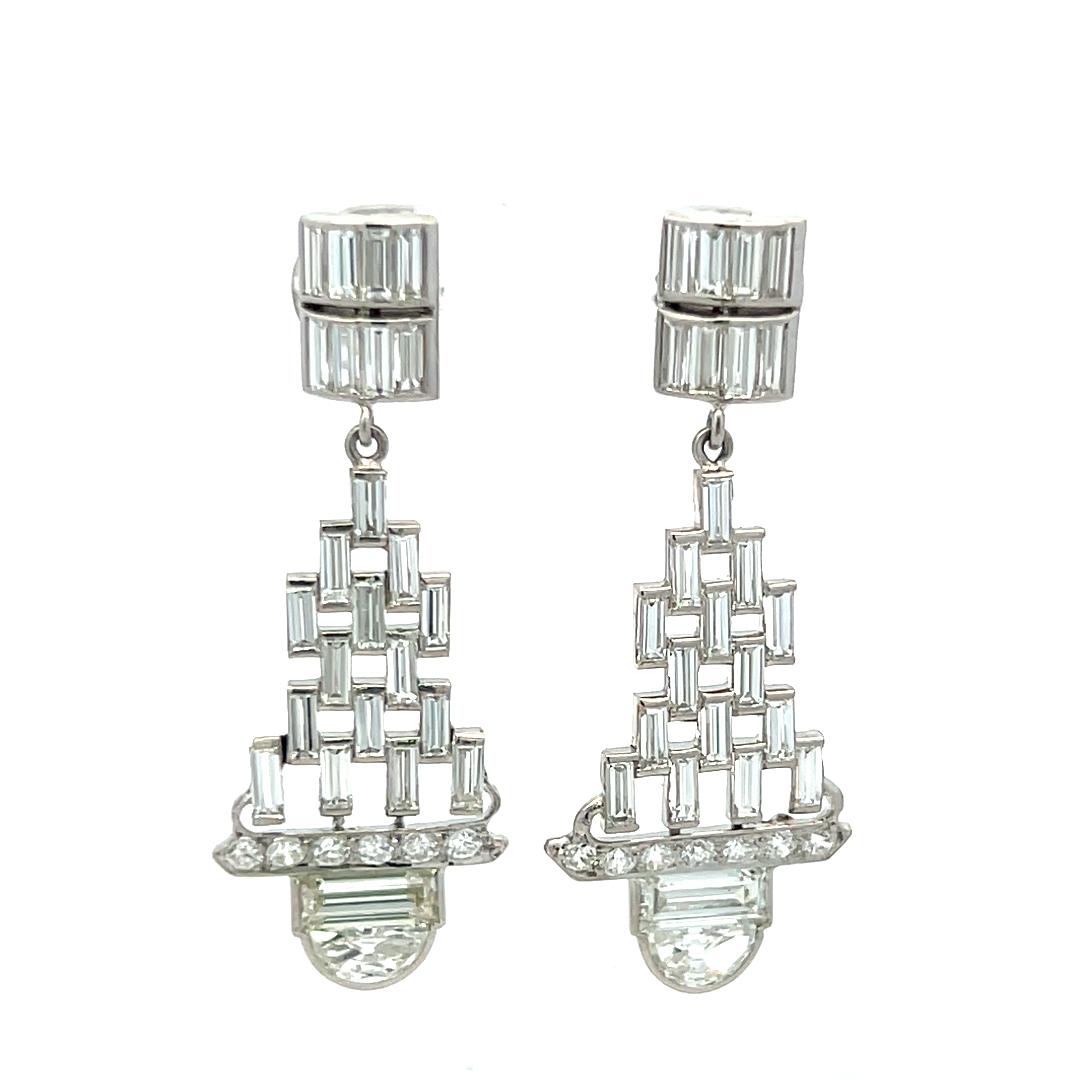 5.32 Carat Baguette and Half Moon and Round Diamond Platinum Dangling Earrings