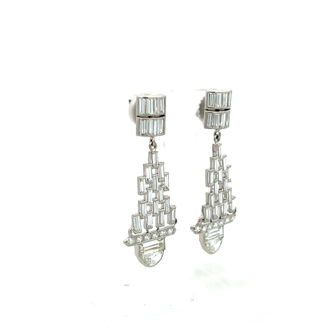 5.32 Carat Baguette and Half Moon and Round Diamond Platinum Dangling Earrings
