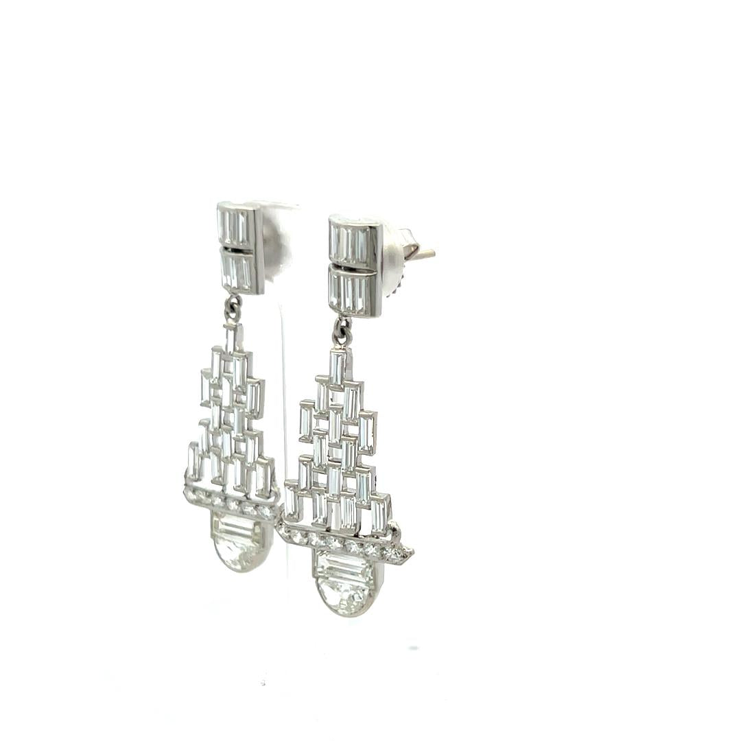 5.32 Carat Baguette and Half Moon and Round Diamond Platinum Dangling Earrings