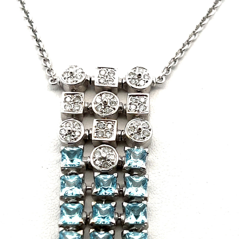 8.23 Carat Blue Topaz 1.56 Carat Diamond 18K White Gold Pendant Necklace