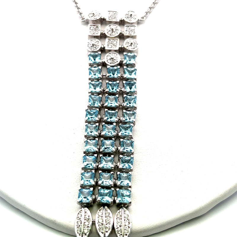 8.23 Carat Blue Topaz 1.56 Carat Diamond 18K White Gold Pendant Necklace