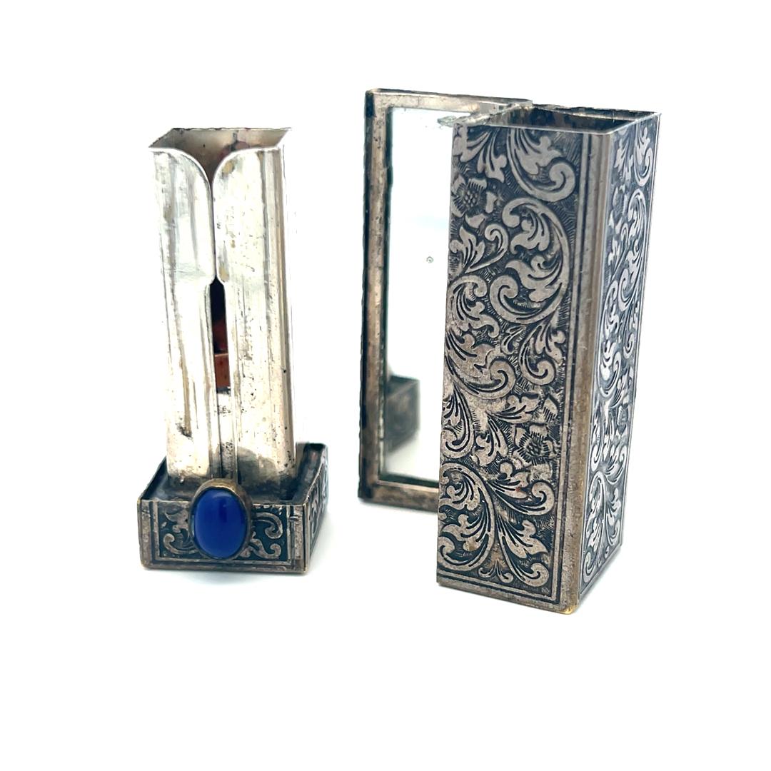 Antique 35.40 Grams Silver Lipstick Box with Mirror