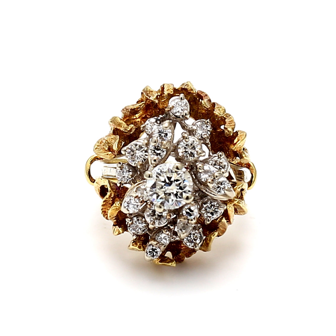 1.37 Carat Round Brilliant Diamond 18 Karat Two Tone Gold/Platinum Cocktail Ring