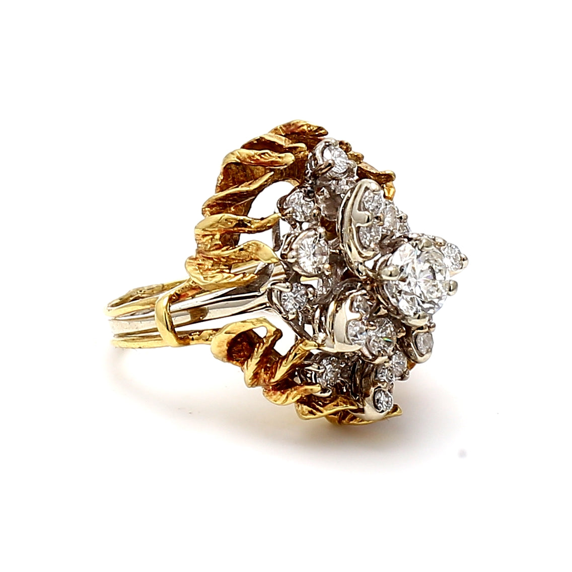 1.37 Carat Round Brilliant Diamond 18 Karat Two Tone Gold/Platinum Cocktail Ring
