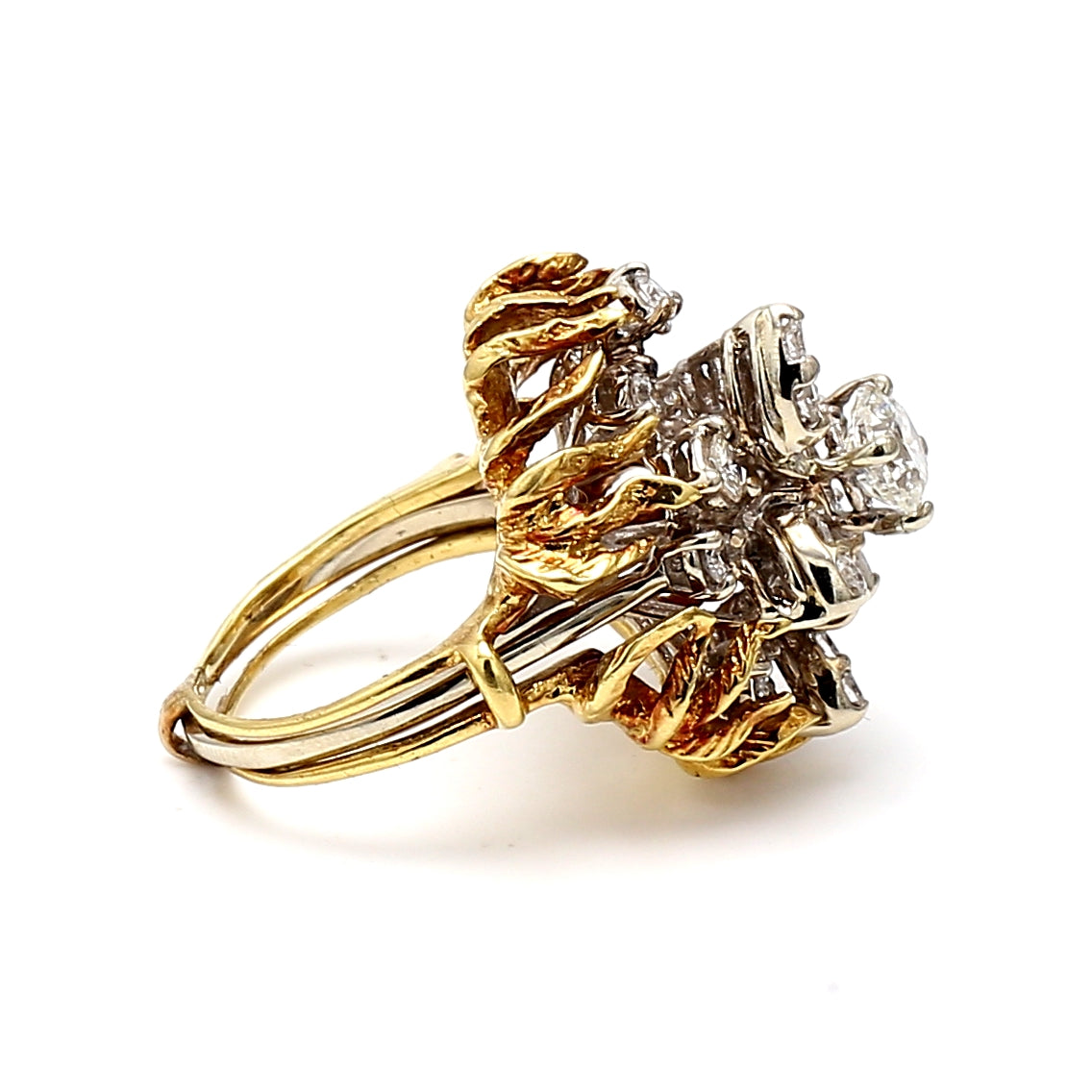 1.37 Carat Round Brilliant Diamond 18 Karat Two Tone Gold/Platinum Cocktail Ring
