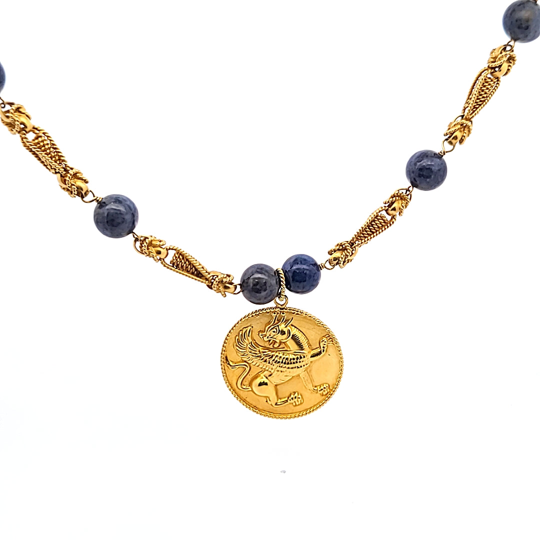 Vintage 18 Karat Gold Lapis Medallion Pendant Necklace