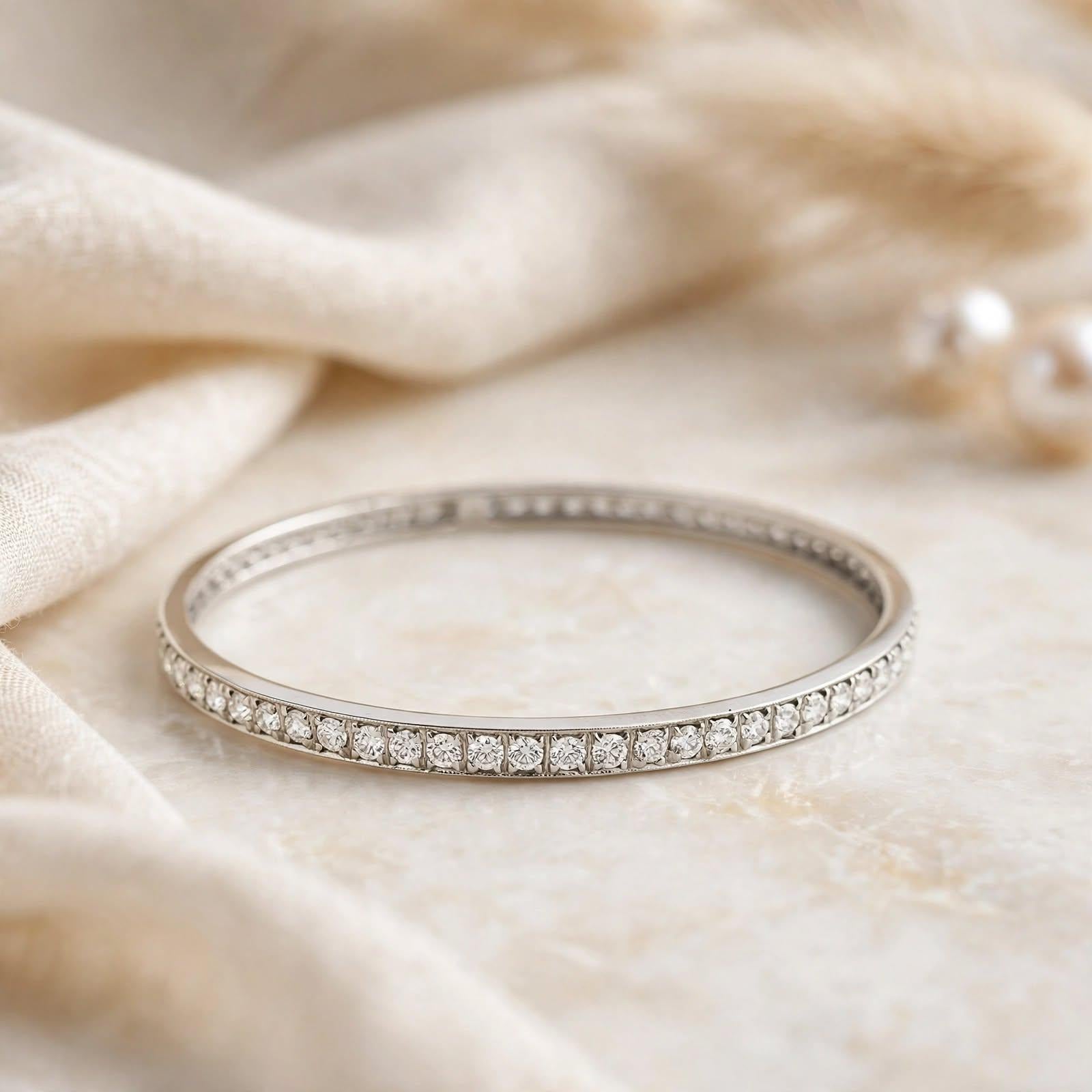 Vintage 18K White Gold Bangle Bracelet with 11.76 Carat Round J SI2 Diamonds