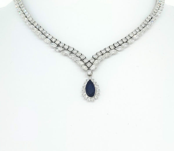 30.00 Carat Round Brilliant  and Marquis Diamond 3.00 Carat Sapphire 18K White Gold Necklace