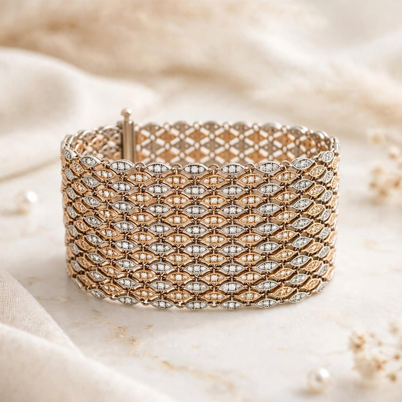 Vintage Two Tone 18K Gold Link Bracelet with 15ct Round G VS1 Diamonds