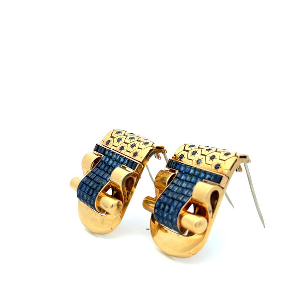 12.90 Carat Princess Cut and Round Brilliant Sapphire 18 Karat Yellow Gold Pin