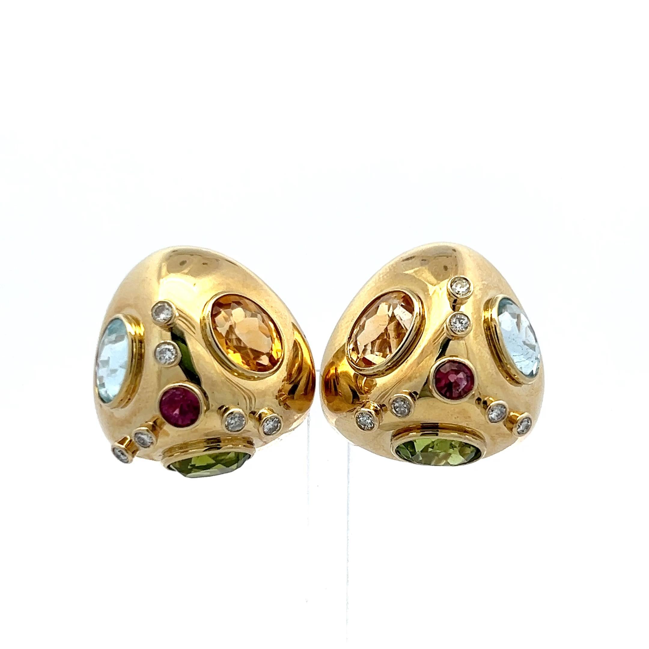 14K Yellow Gold Clip On Earrings 0.45ct Diamonds 0.4ct Ruby & Multi Gemstones