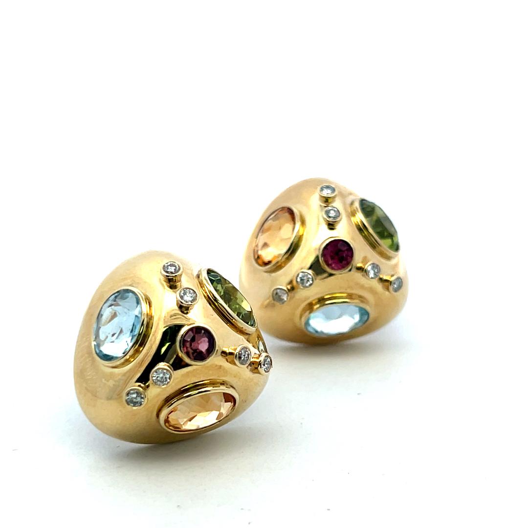 14K Yellow Gold Clip On Earrings 0.45ct Diamonds 0.4ct Ruby & Multi Gemstones