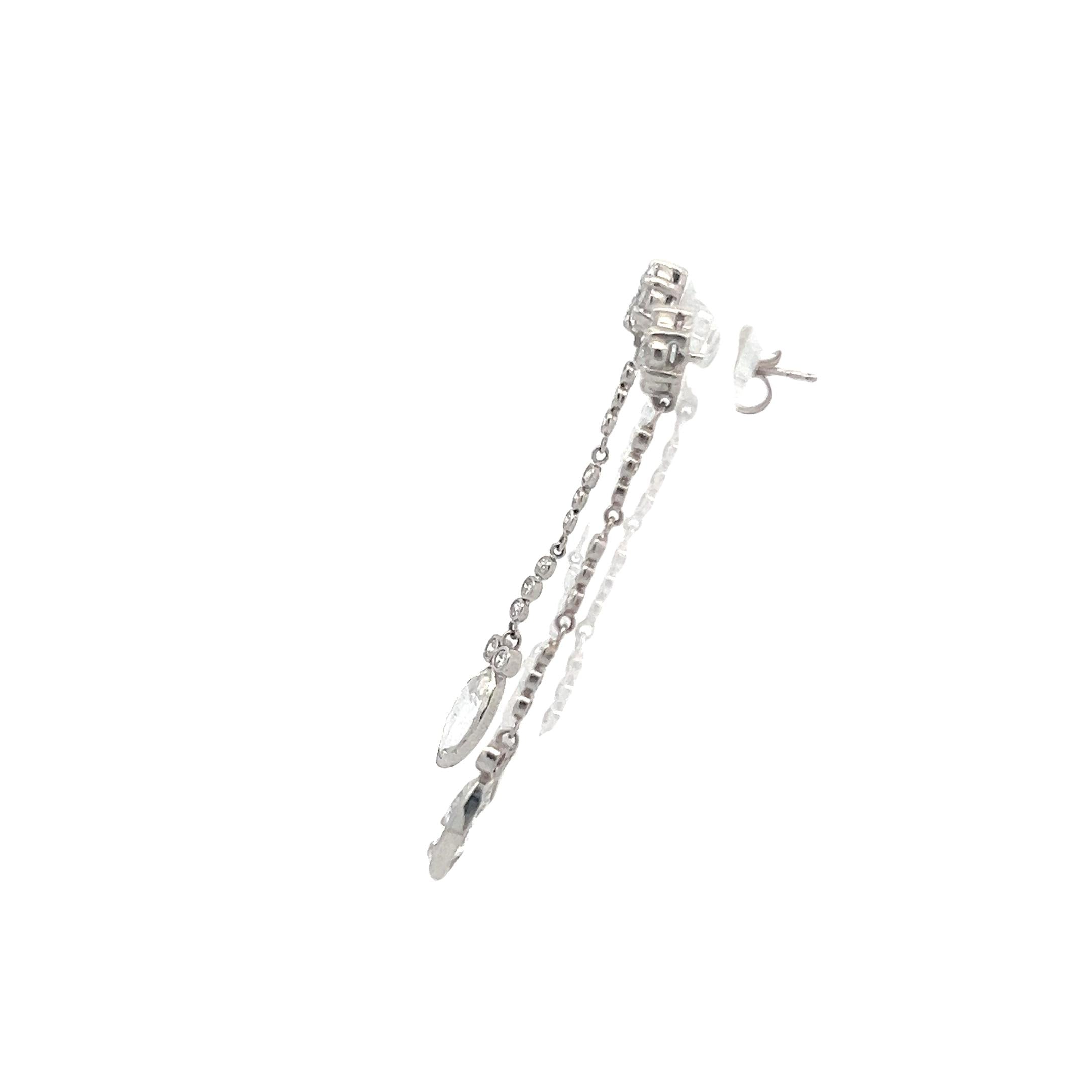 2.11 Carat Marquis Shape and Round Brilliant Diamond Platinum Drop Earrings