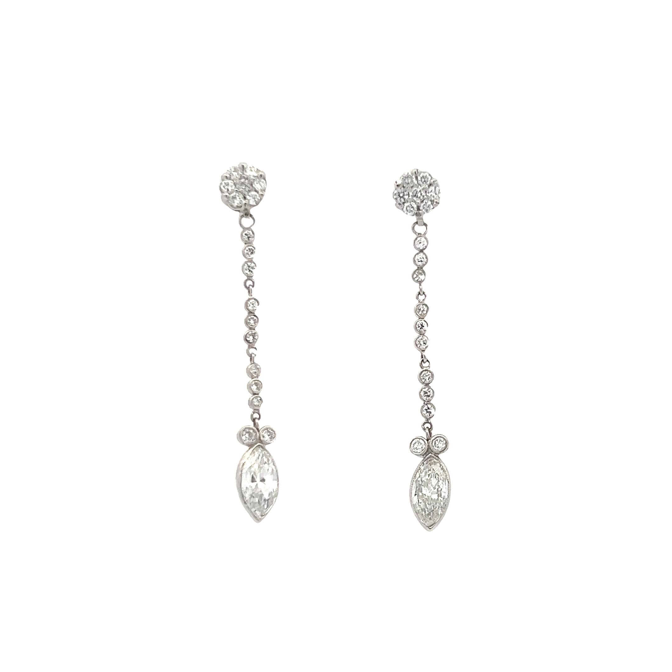 2.11 Carat Marquis Shape and Round Brilliant Diamond Platinum Drop Earrings