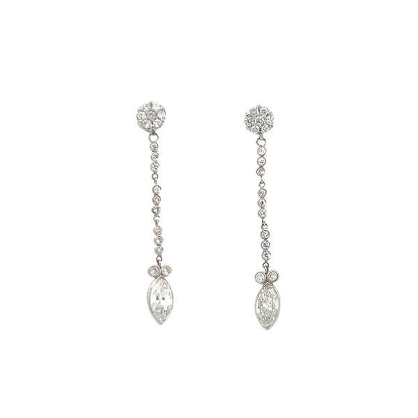 2.11 Carat Marquis Shape and Round Brilliant Diamond Platinum Drop Earrings