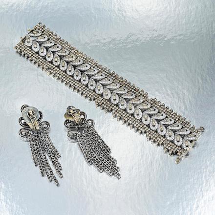 18K Two Tone Gold Link Bracelet & Chandelier Earrings Set 35ct Round Diamonds