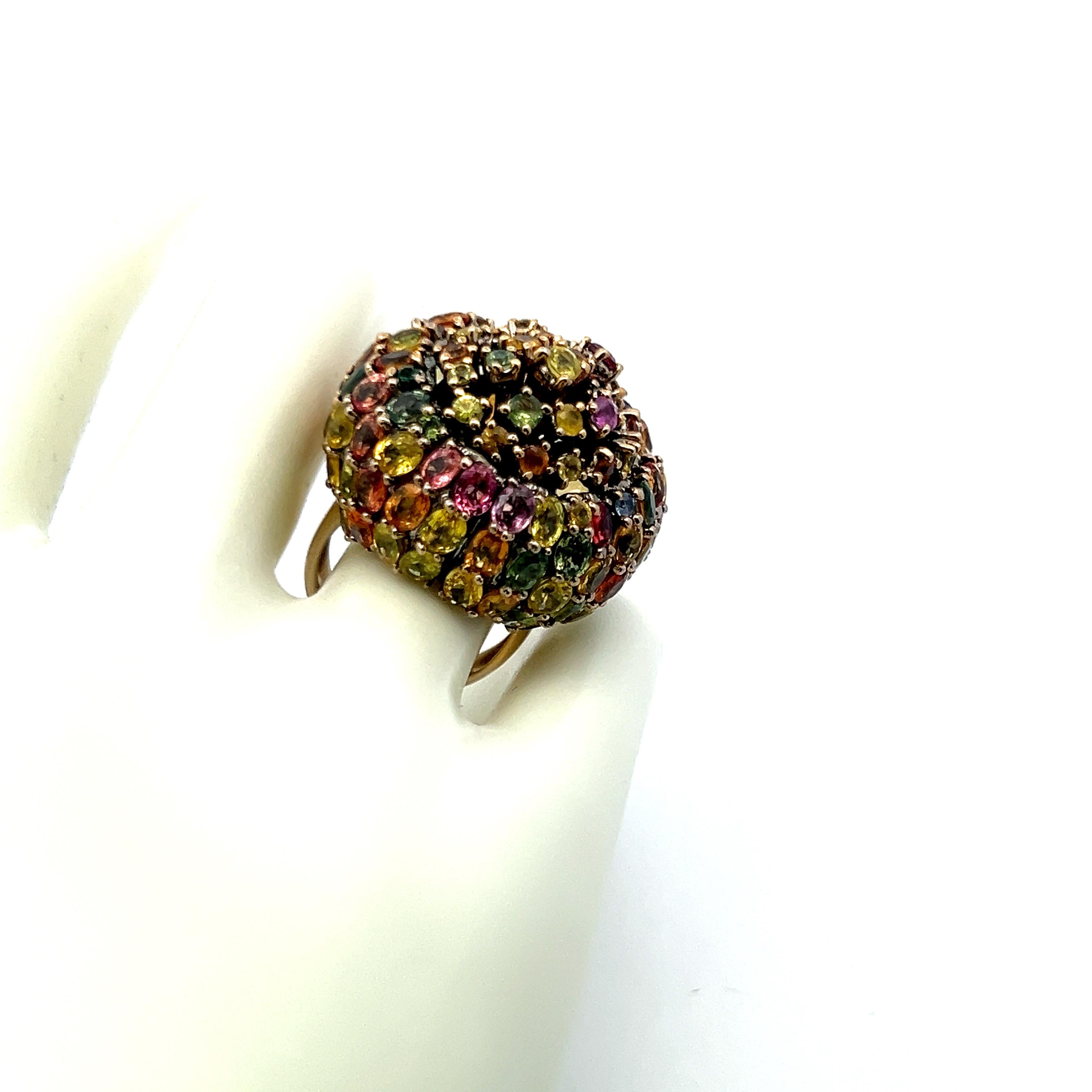 19.00 Carat Multicolor Sapphire 18K Yellow Gold Dome Cocktail Ring