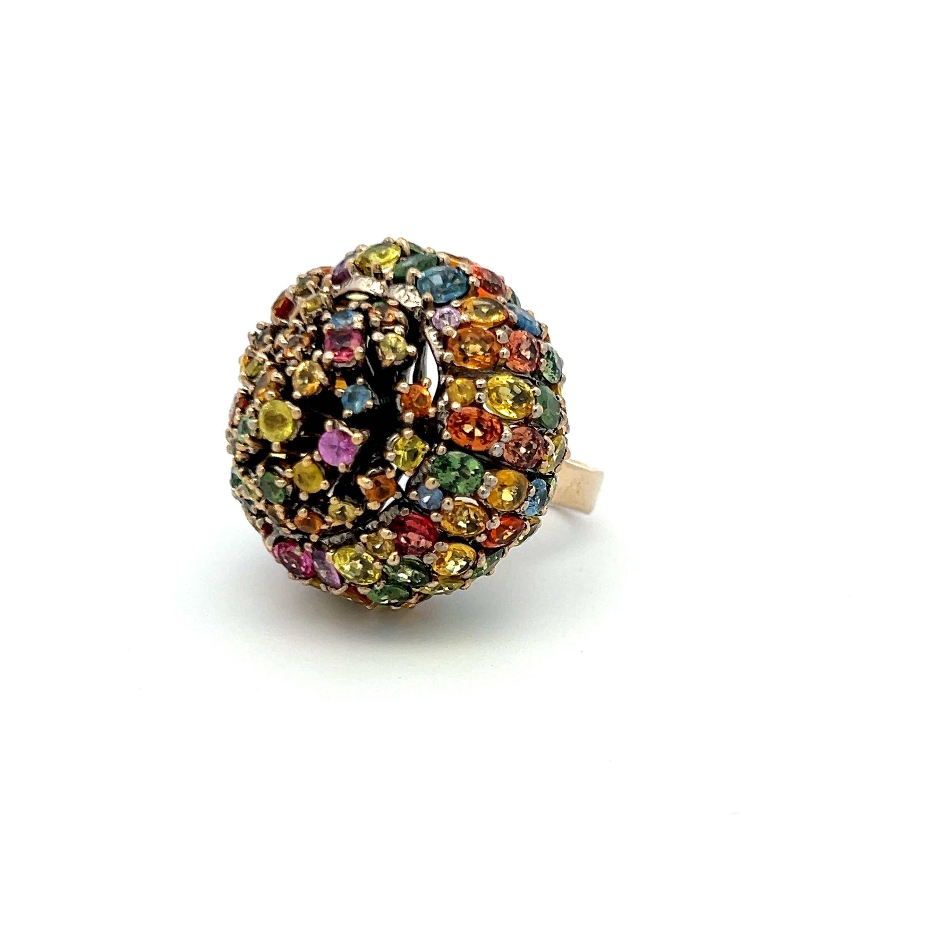 19.00 Carat Multicolor Sapphire 18K Yellow Gold Dome Cocktail Ring