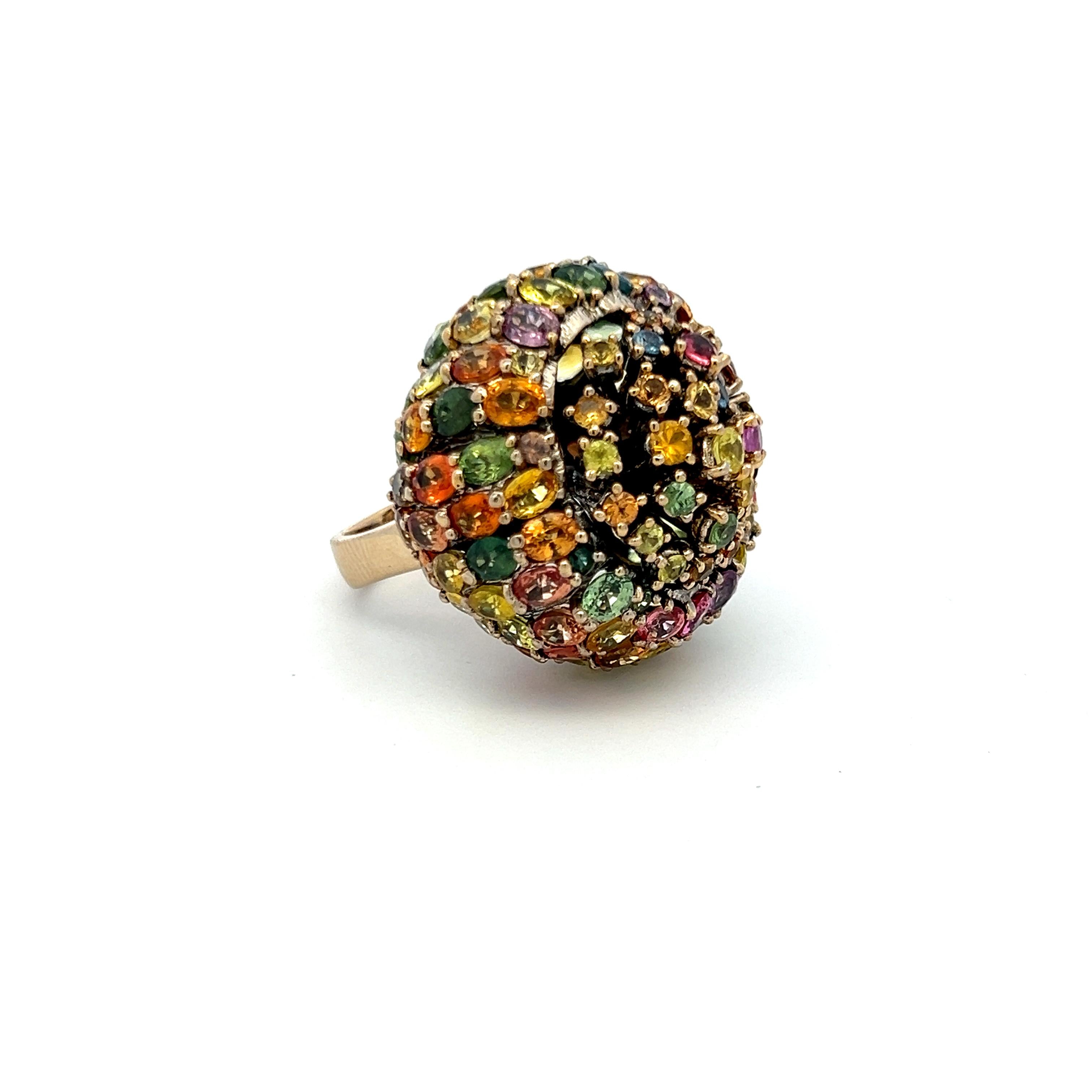 19.00 Carat Multicolor Sapphire 18K Yellow Gold Dome Cocktail Ring