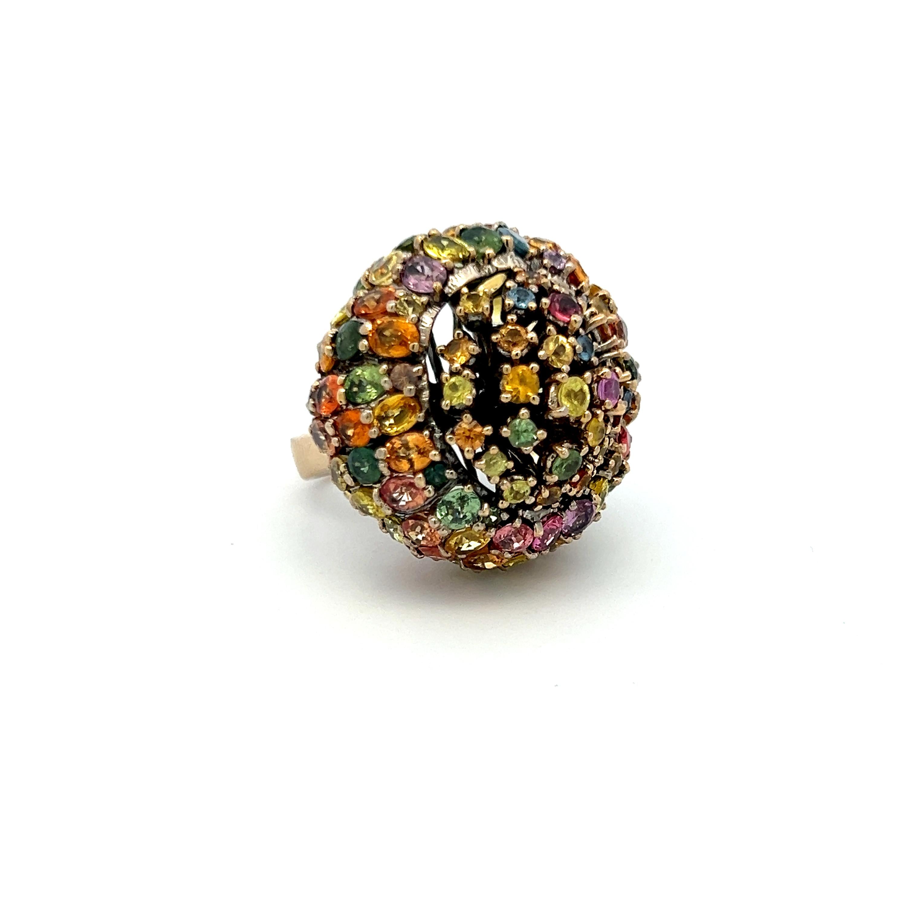 19.00 Carat Multicolor Sapphire 18K Yellow Gold Dome Cocktail Ring