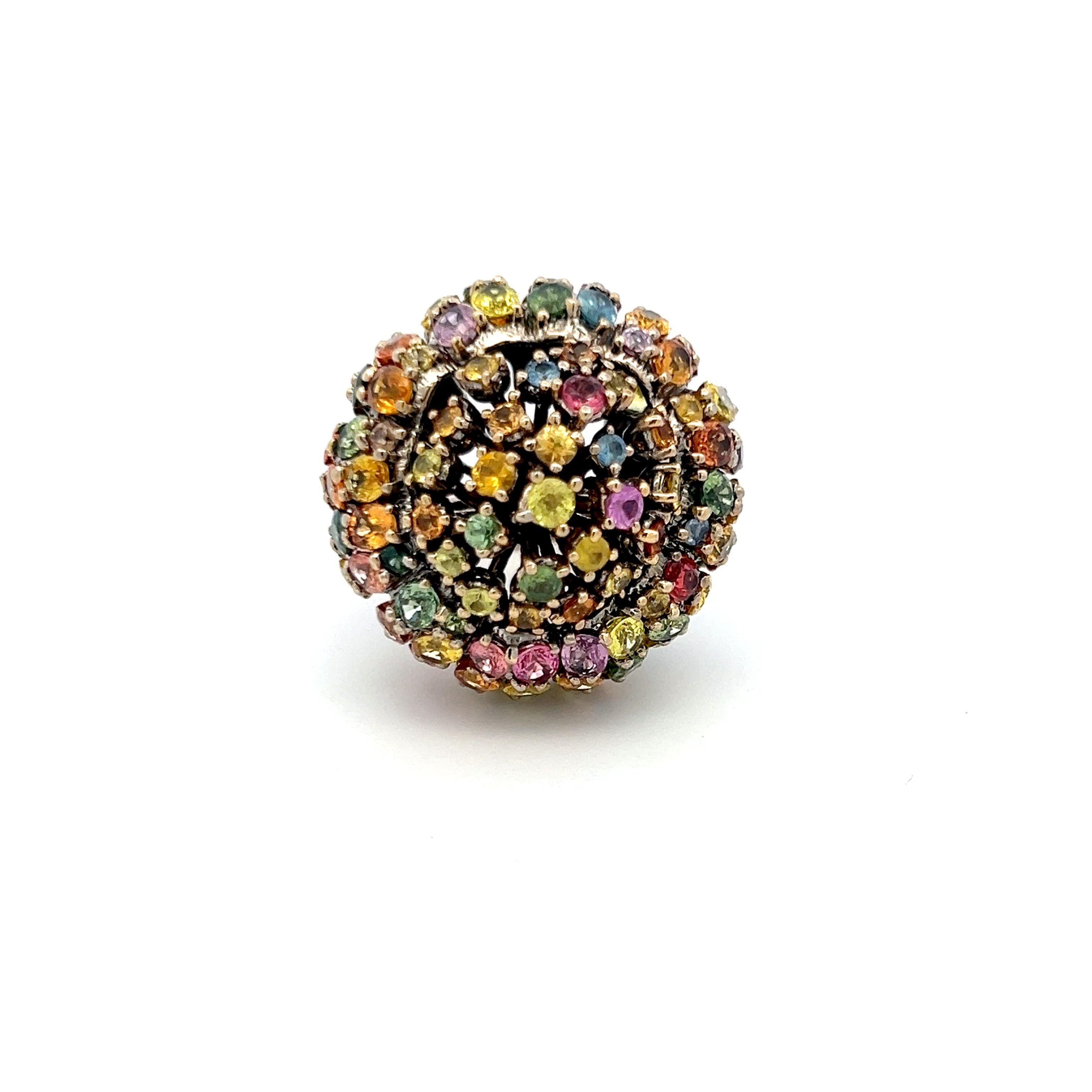 19.00 Carat Multicolor Sapphire 18K Yellow Gold Dome Cocktail Ring