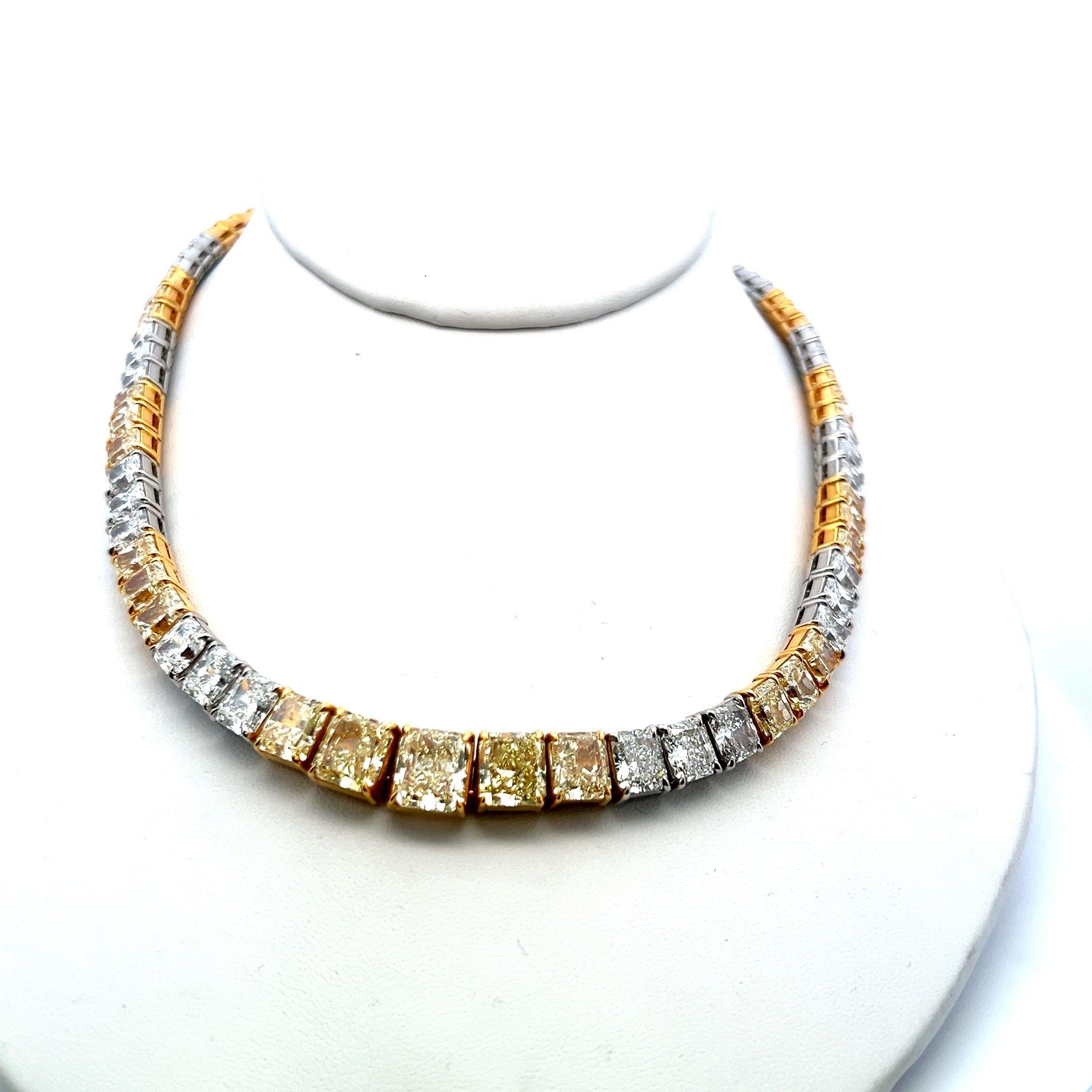 80.55 Carat Fancy Yellow & White Radiant Cut Diamond Two-Tone Riviera Necklace
