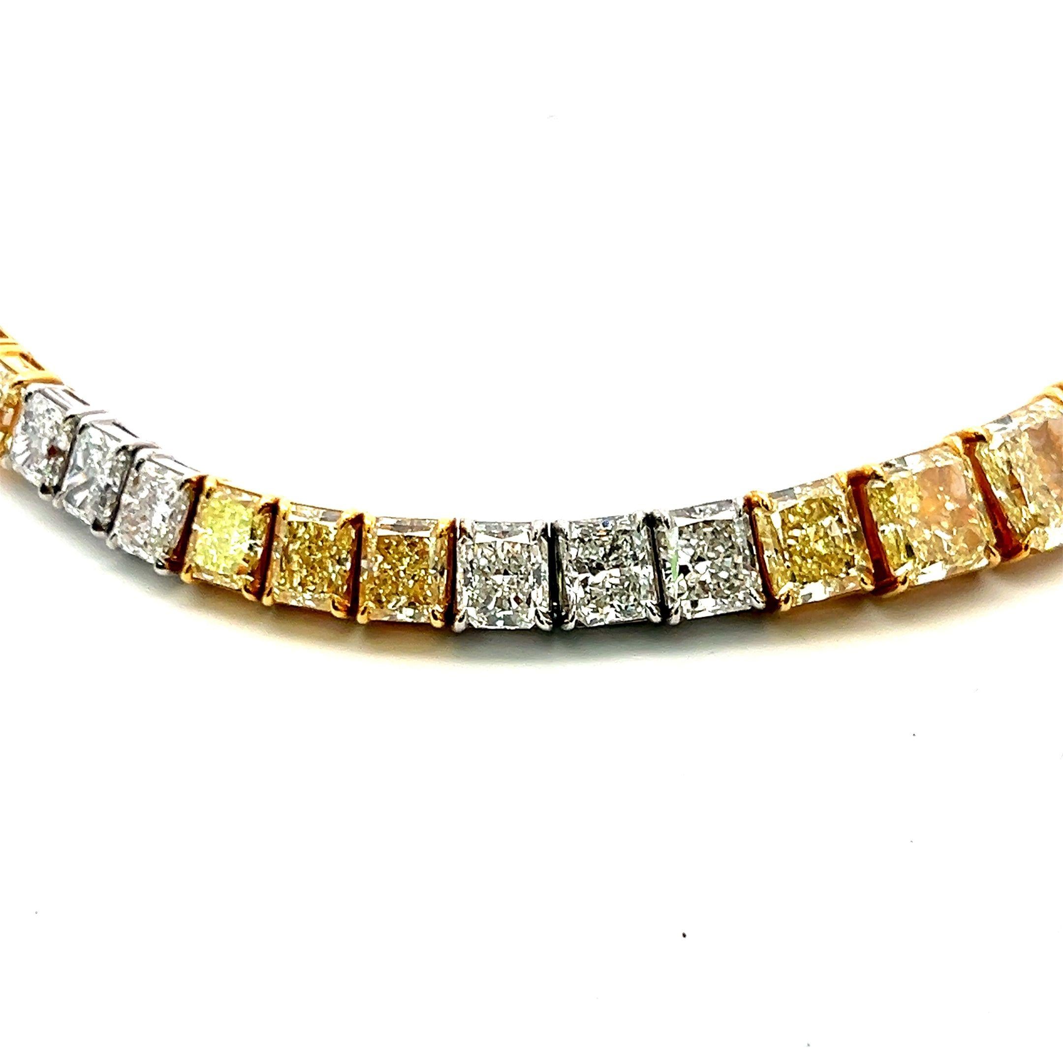 80.55 Carat Fancy Yellow & White Radiant Cut Diamond Two-Tone Riviera Necklace