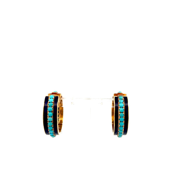 Vintage Turquoise and Enamel 18 Karat Yellow Gold Hoop Earrings