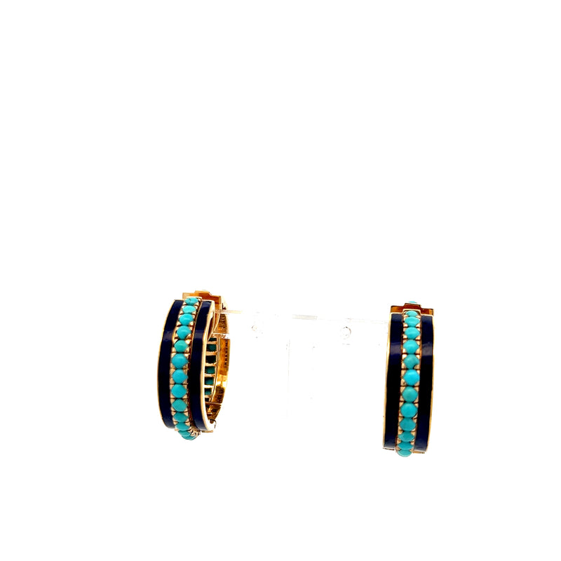 Vintage Turquoise and Enamel 18 Karat Yellow Gold Hoop Earrings