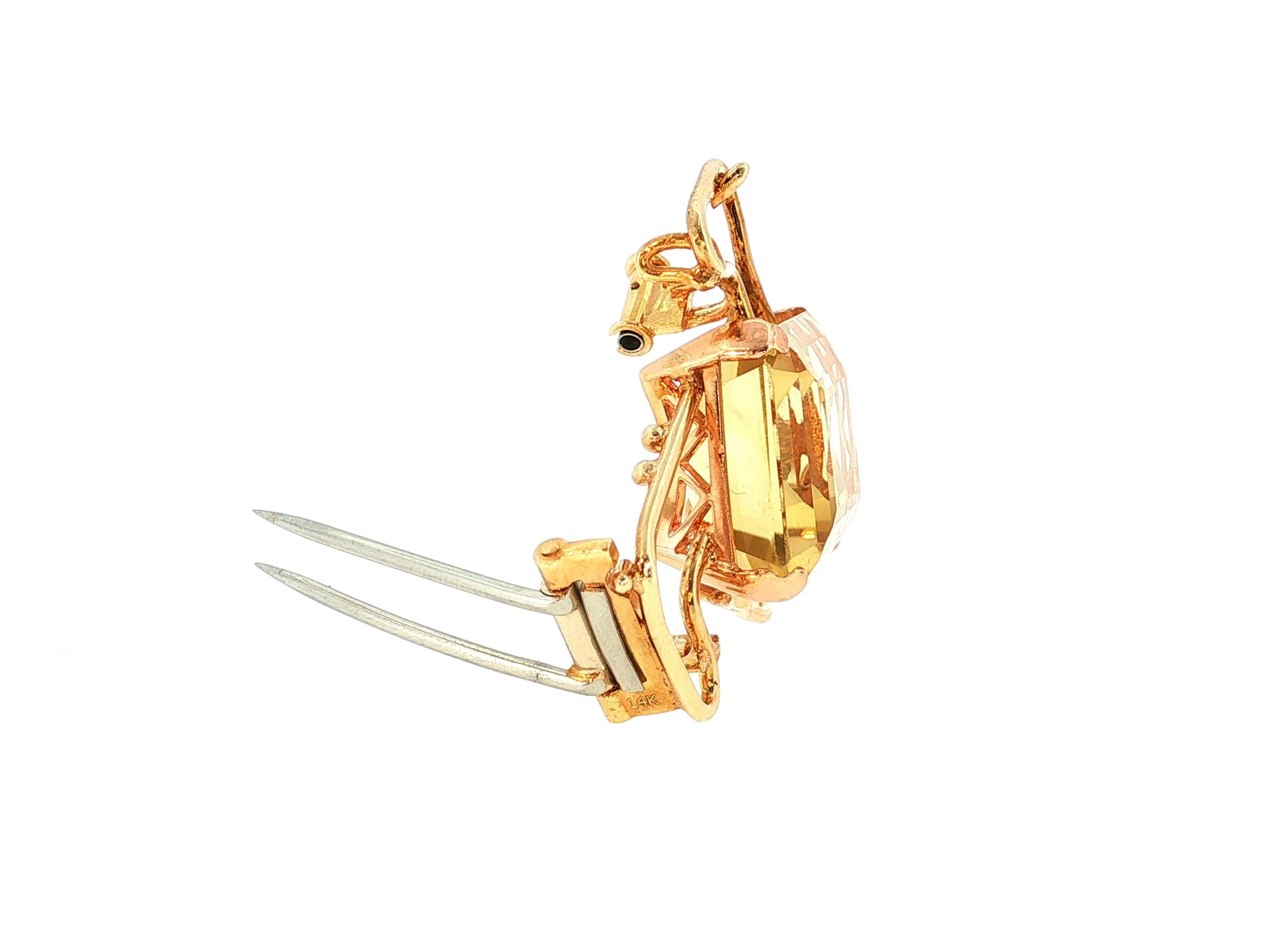 Vintage 14K Yellow Gold Pin Brooch with 19.5 Carat Emerald Cut Citrine