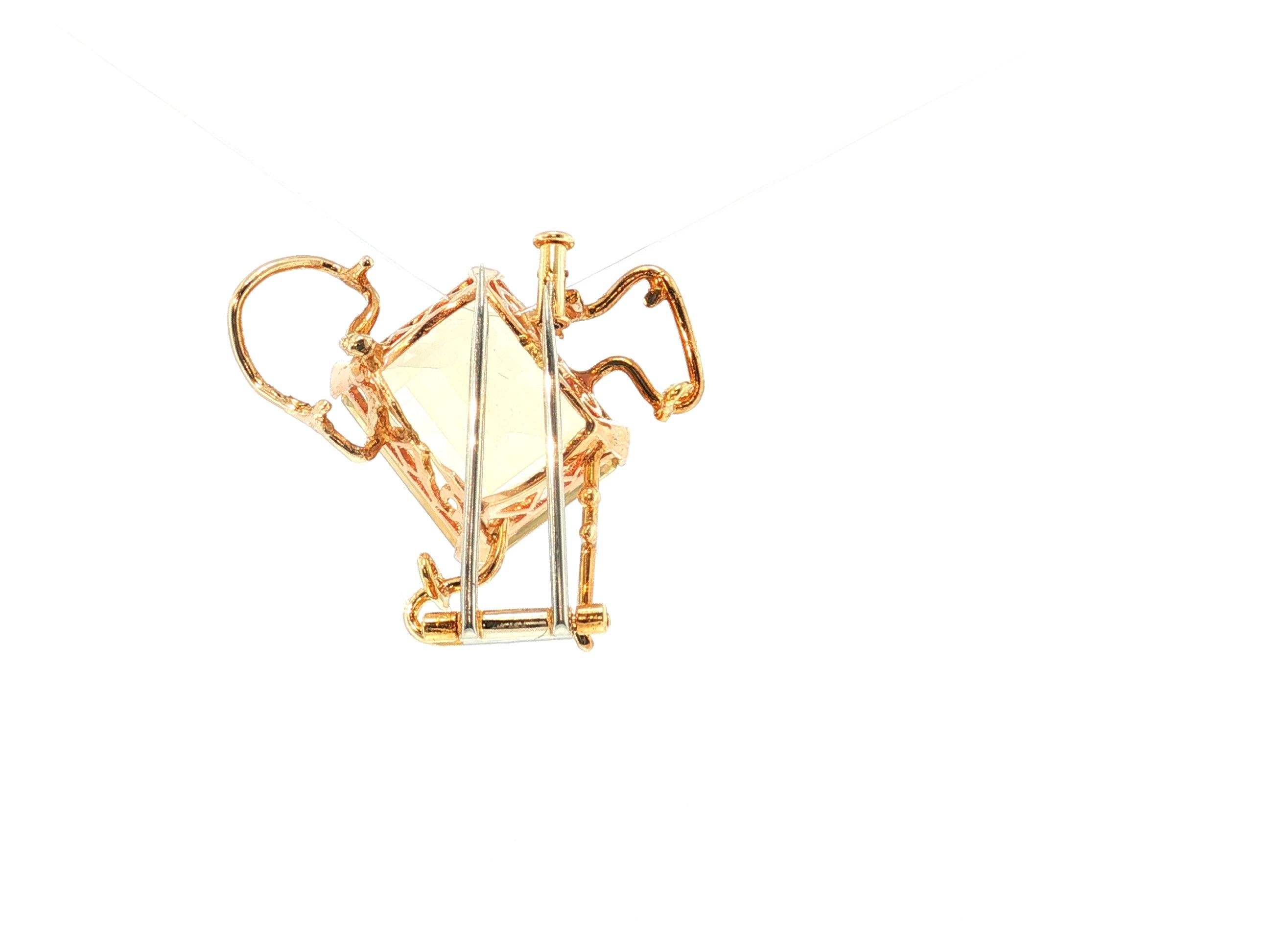 Vintage 14K Yellow Gold Pin Brooch with 19.5 Carat Emerald Cut Citrine
