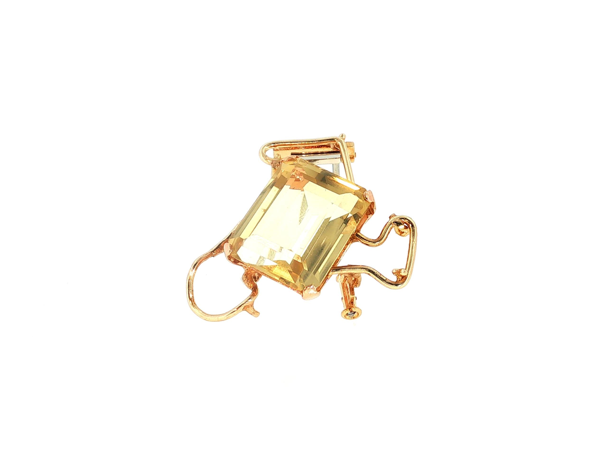 Vintage 14K Yellow Gold Pin Brooch with 19.5 Carat Emerald Cut Citrine