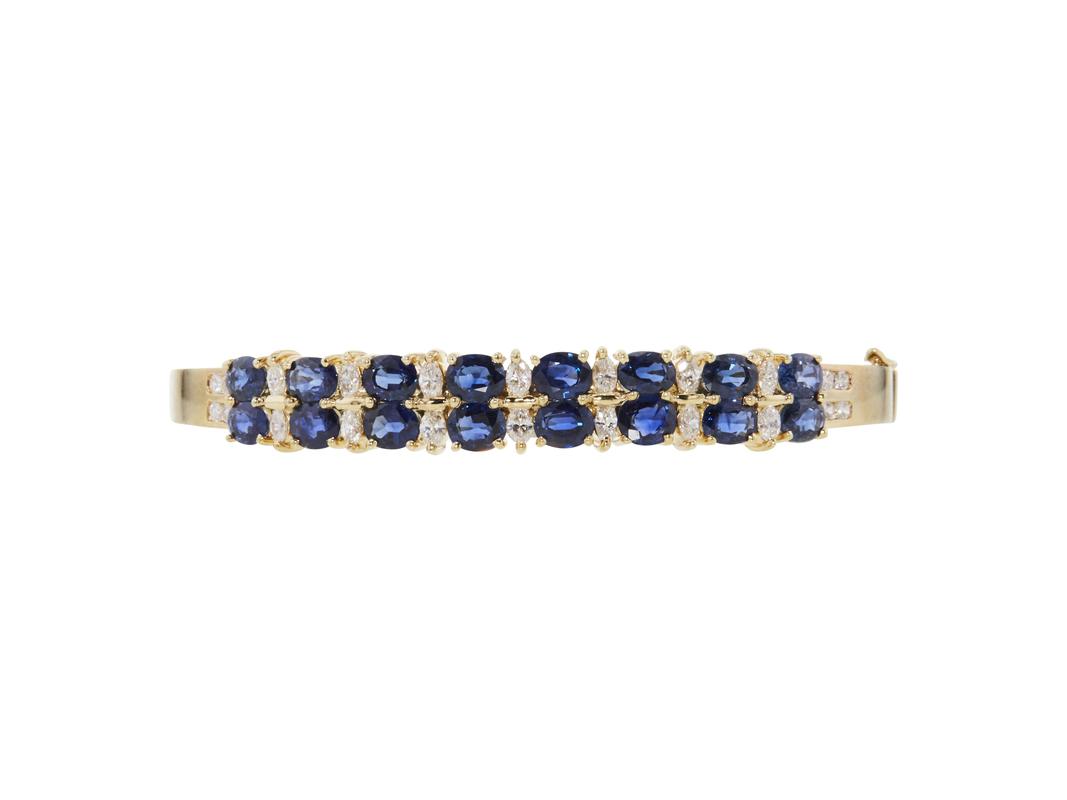 Vintage 14K Yellow Gold Bangle Bracelet with 1 Carat Diamond 6.64 Carat Sapphire