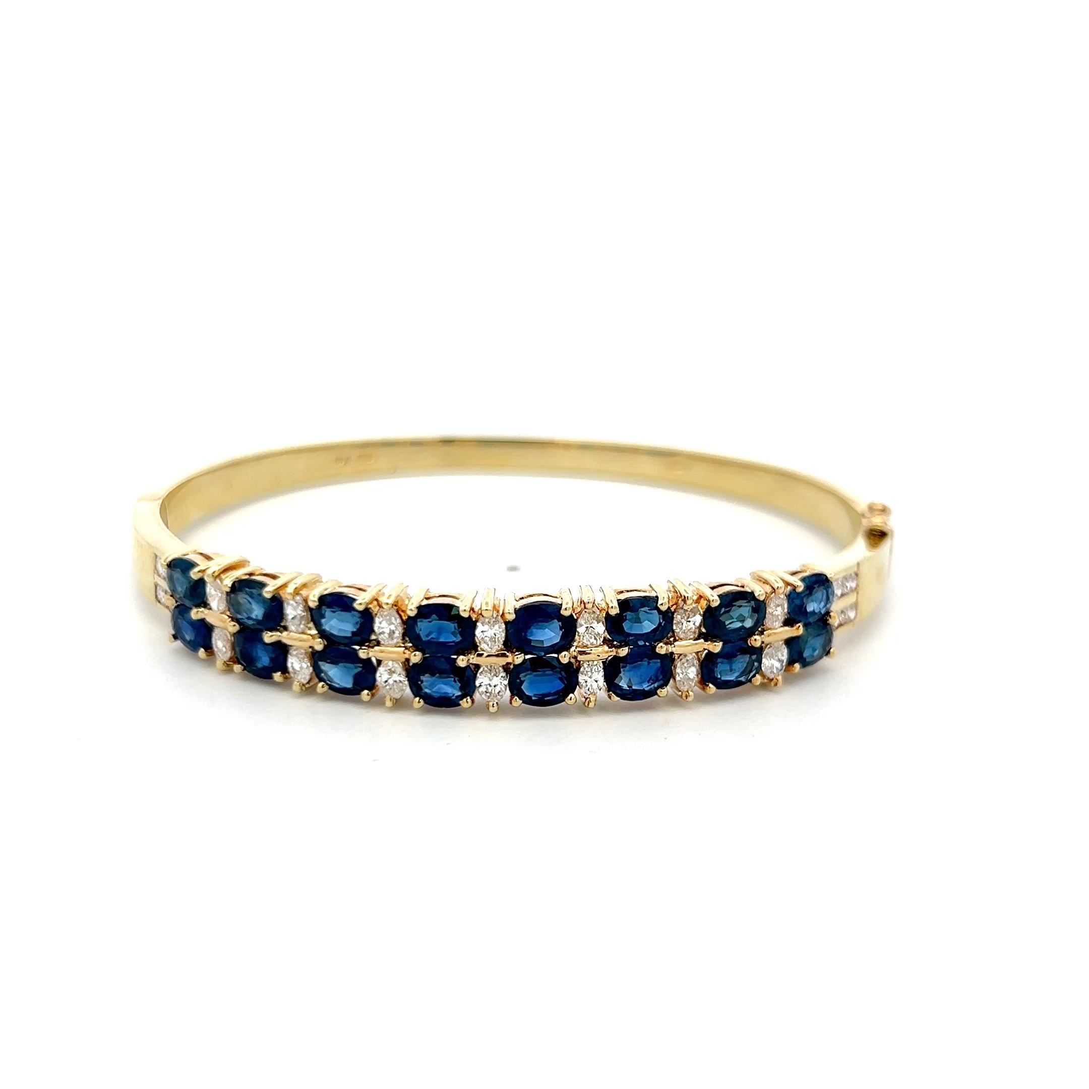 Vintage 14K Yellow Gold Bangle Bracelet with 1 Carat Diamond 6.64 Carat Sapphire