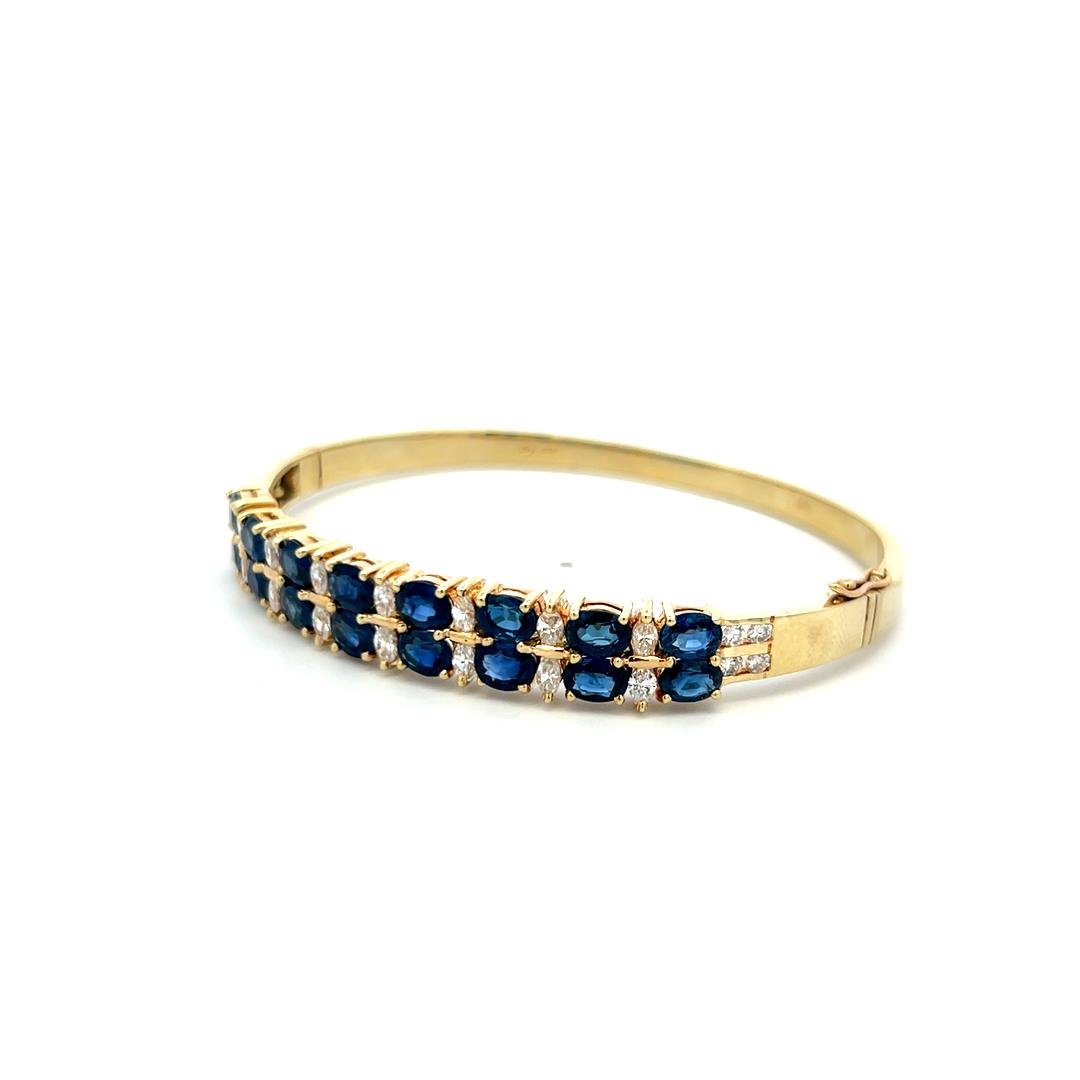 Vintage 14K Yellow Gold Bangle Bracelet with 1 Carat Diamond 6.64 Carat Sapphire