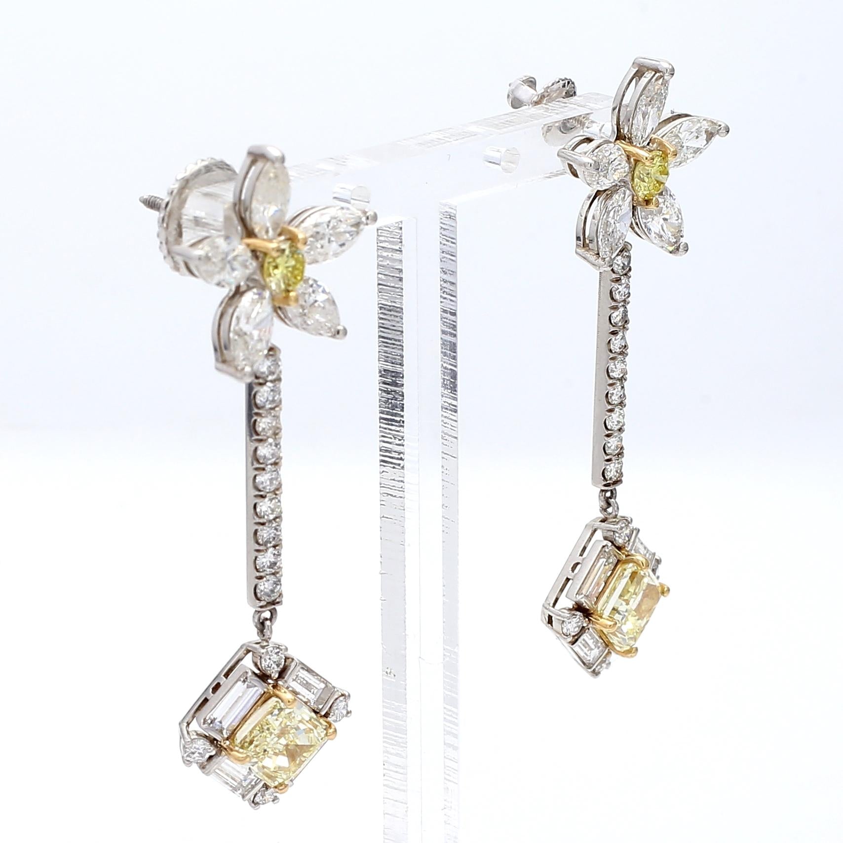 Vintage Platinum Dangling Earrings 6.72 Carat Fancy Yellow Mixed Cut Diamonds