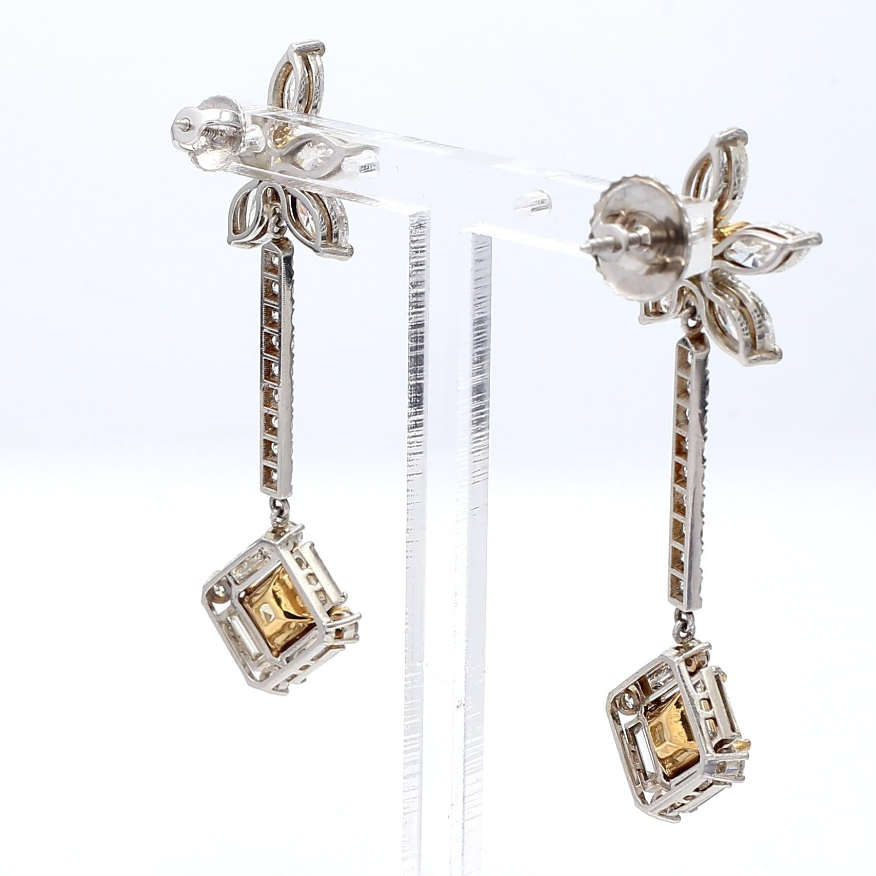 Vintage Platinum Dangling Earrings 6.72 Carat Fancy Yellow Mixed Cut Diamonds