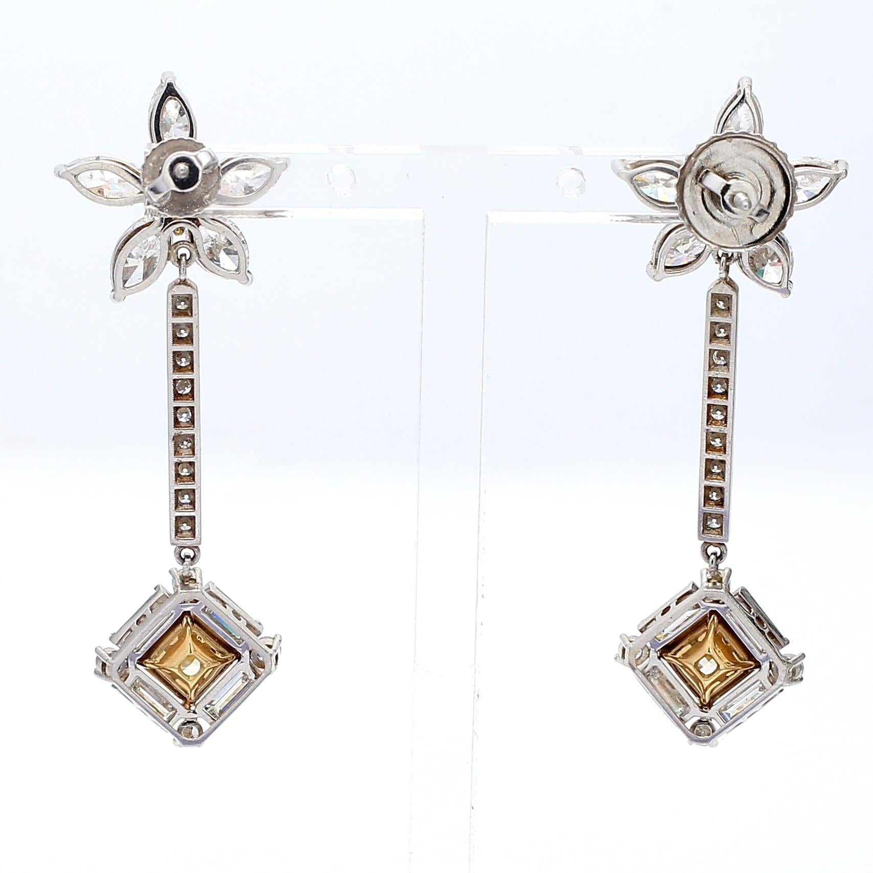 Vintage Platinum Dangling Earrings 6.72 Carat Fancy Yellow Mixed Cut Diamonds