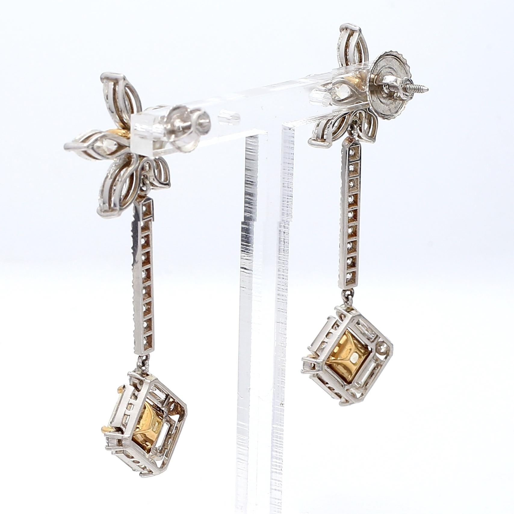 Vintage Platinum Dangling Earrings 6.72 Carat Fancy Yellow Mixed Cut Diamonds