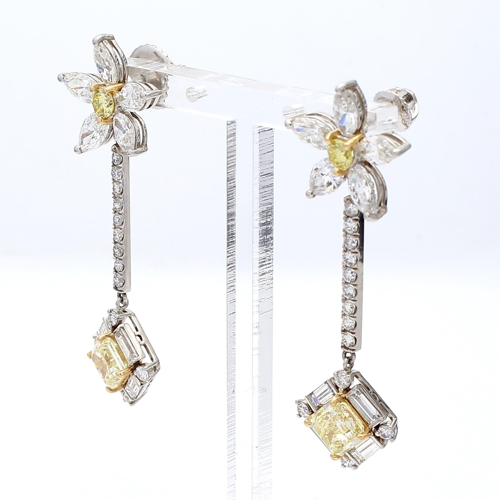 Vintage Platinum Dangling Earrings 6.72 Carat Fancy Yellow Mixed Cut Diamonds