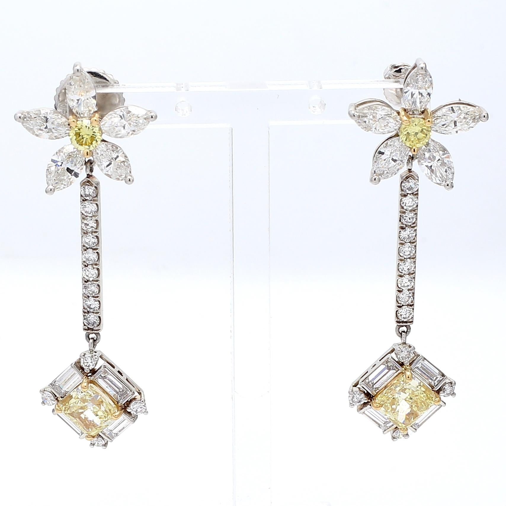 Vintage Platinum Dangling Earrings 6.72 Carat Fancy Yellow Mixed Cut Diamonds