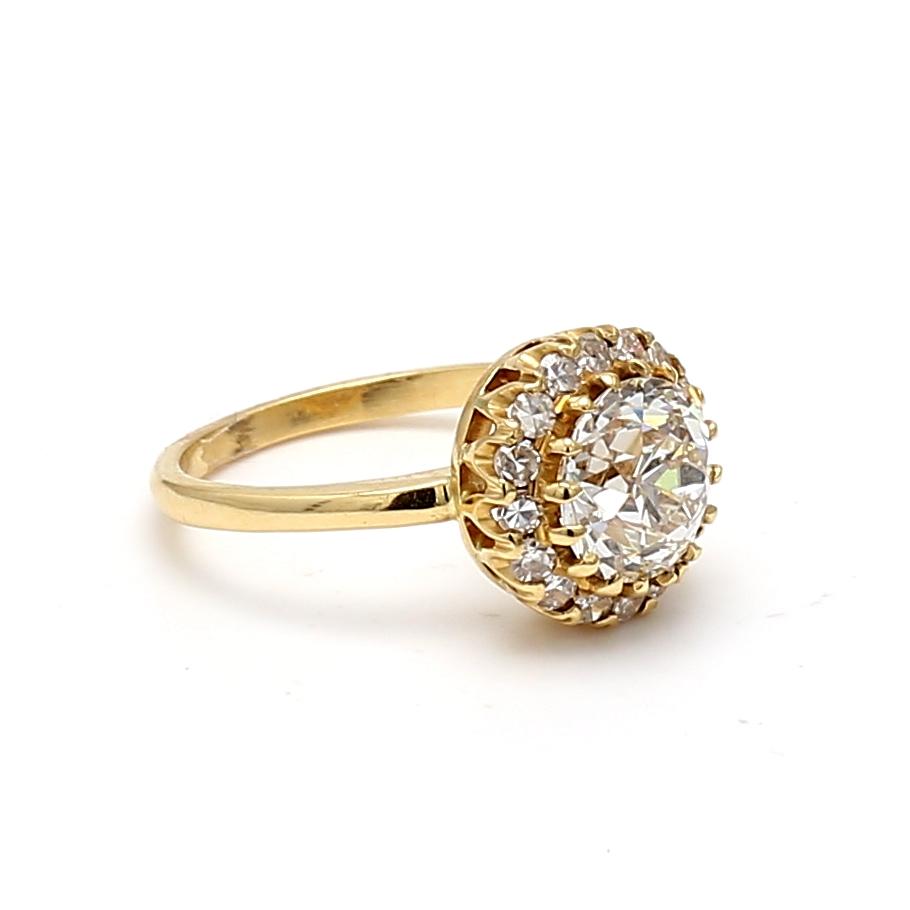18K Yellow Gold Halo Ring with 2.16 Carat Old European Cut GIA Diamonds Size 5.5