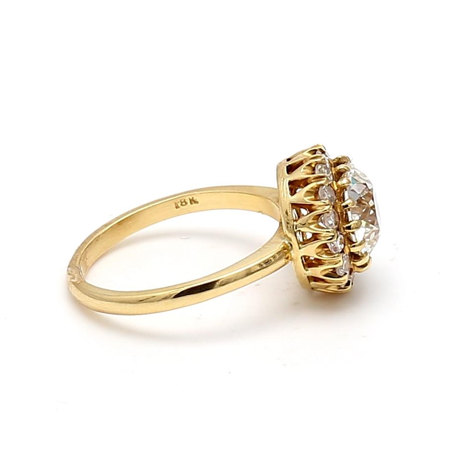 18K Yellow Gold Halo Ring with 2.16 Carat Old European Cut GIA Diamonds Size 5.5