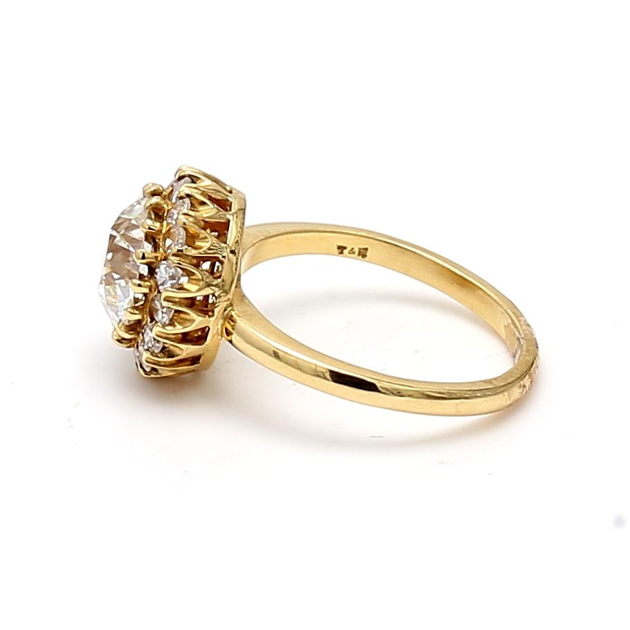 18K Yellow Gold Halo Ring with 2.16 Carat Old European Cut GIA Diamonds Size 5.5